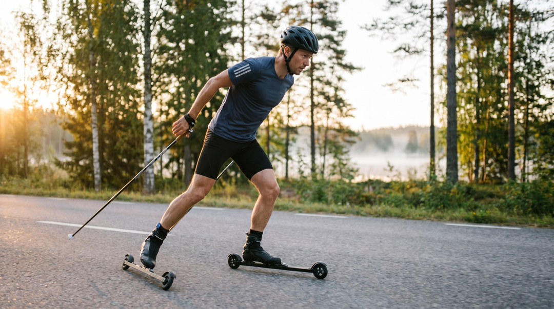 Svensk skidåkare tränar på rullskidor på svensk landsväg i sommar