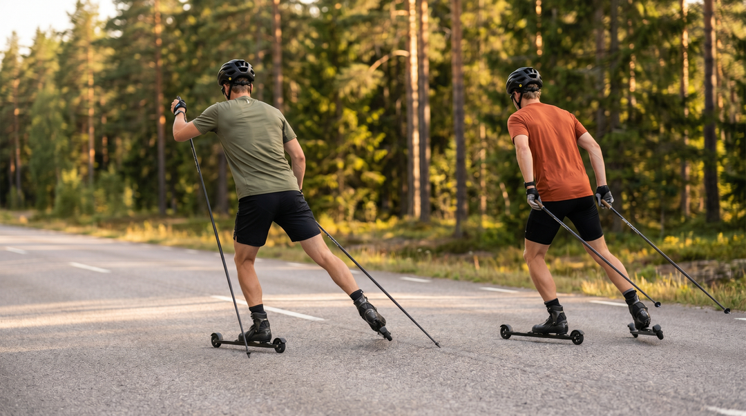 Två skidåkare side by side — en klassisk diagonal, en skating-teknik på rullskidor