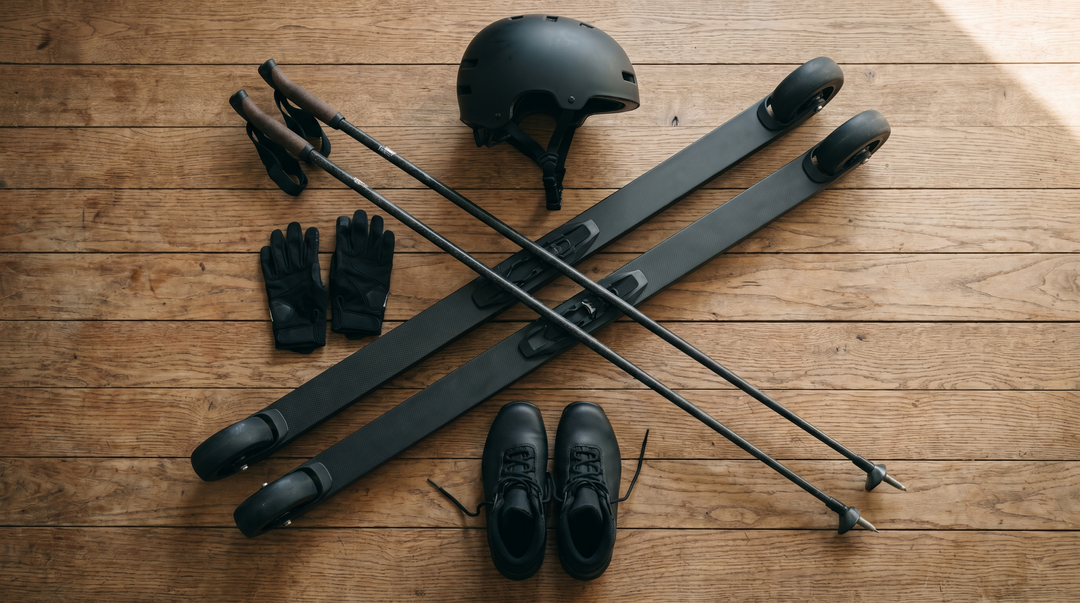 Komplett rullskide-paket: skidor, stavar, hjälm, pjäxor, handskar i overhead flat lay