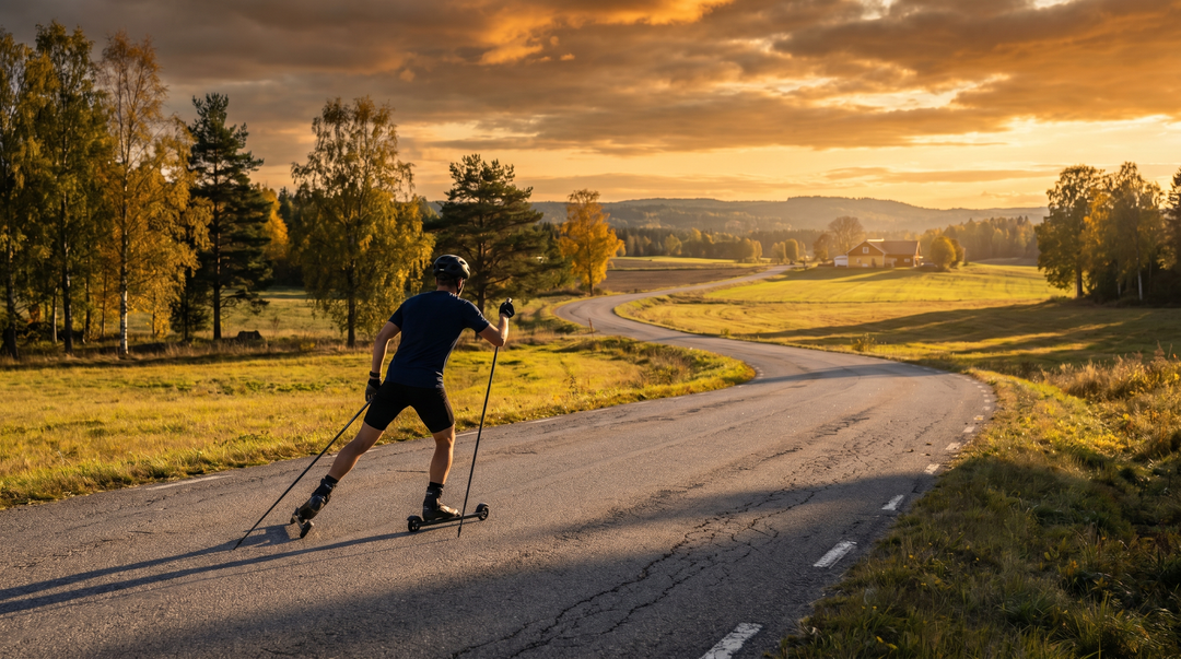 Långdistanslöpare på rullskidor som tränar inför Vasaloppet på svensk landsbygd i guldighst timme