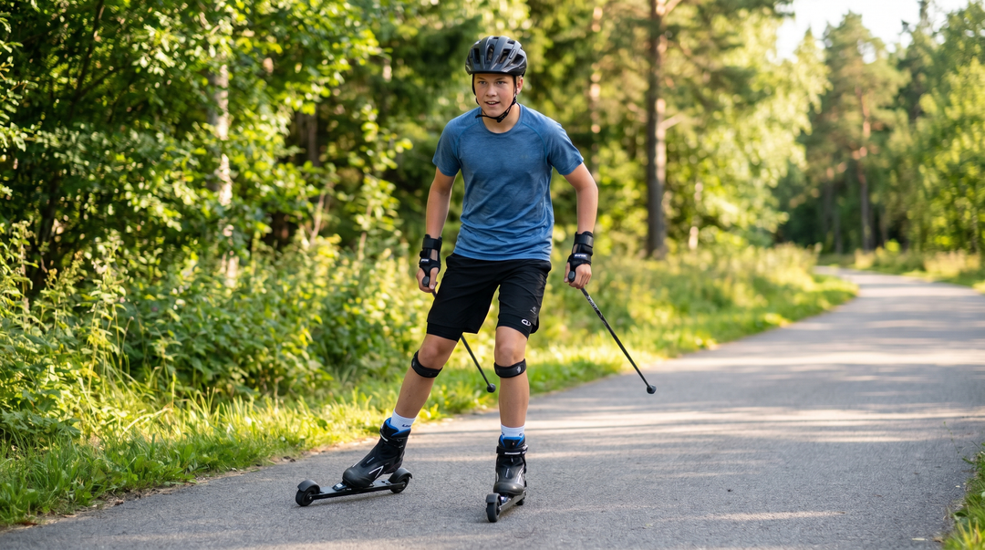 Ung skidåkare på rullskidor med hjälm och säkerhetsutrustning