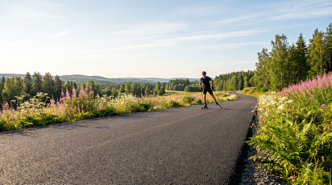 Wide angle av cykelväg genom svensk sommarnatur — idealt underlag för rullskidor